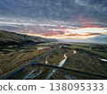 Aerial view of the road to Thorsmork, South Iceland, during a vibrant sunset. 138095333