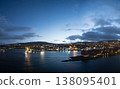Twilight panorama of Thorshavn, lights reflecting on harbor waters 138095401