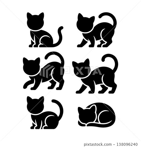 Various black cat silhouettes displaying different poses on a white background with playful and relaxed expressions 138096240
