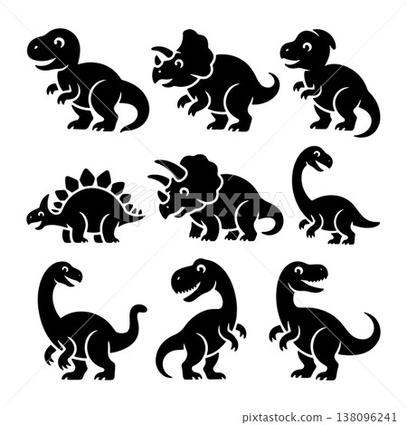 Colorful dinosaur silhouettes show different species in playful poses for educational fun Colorful dinosaur silhouettes show different species in playful poses for educational fun 138096241