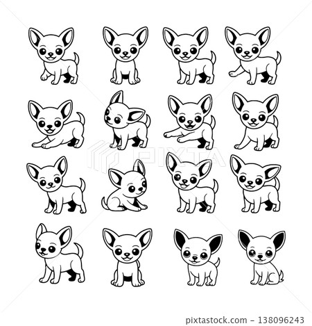 Cute cartoon chihuahuas in various playful poses designed for coloring Cute cartoon chihuahuas in various playful poses designed for coloring 138096243