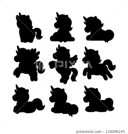 Silhouettes of unicorns displaying different poses in a creative arrangement Silhouettes of unicorns displaying different poses in a creative arrangement 138096245