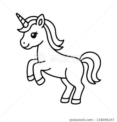 Cute unicorn standing and smiling, showcasing its colorful mane and sparkling horn in a simple line art design Cute unicorn standing and smiling, showcasing its colorful mane and sparkling horn in a simple line art design 138096247