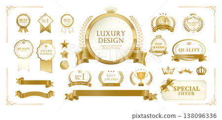 金徽章標籤絲帶框架獎品套裝 奢侈品促銷向量元素 138096336