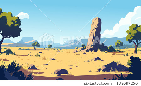 Minimal desert scene featuring large stone pillar surrounded by sand rocks and soft clouds under bright sky 138097250