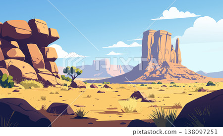 Wide arid plain with rugged rock monument and scattered shrubs distant hills and clean sky Wide arid plain with rugged rock monument and scattered shrubs distant hills and clean sky 138097251