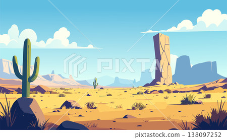 Illustrated desert view with golden ground rocky structures and mountain horizon under soft clouds 138097252
