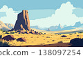 Open desert terrain with sandstone pillar small rocks and grass patches with mountain backdrop 138097254