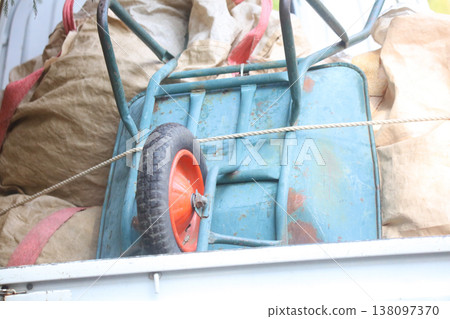 The scene of loading collected fallen leaves onto a light truck. The scene of loading collected fallen leaves onto a light truck. 138097370