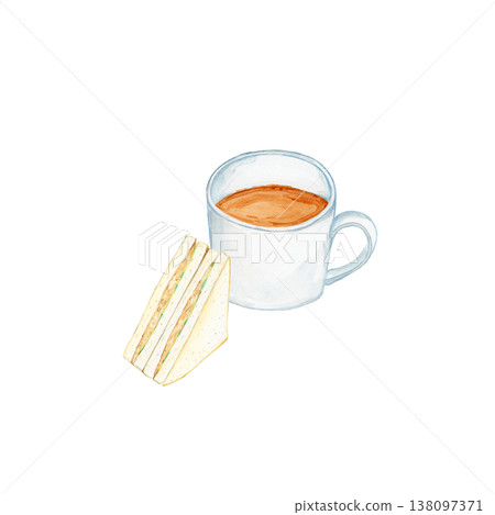 Hand-painted watercolor illustration of coffee and tuna sandwich. Cafe, light meal, lunch item. Hand-painted watercolor illustration of coffee and tuna sandwich. Cafe, light meal, lunch item. 138097371