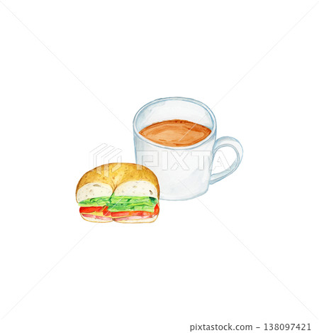 Hand-painted watercolor illustration of coffee and a BLT bagel sandwich. Cafe lunch stylish material. Hand-painted watercolor illustration of coffee and a BLT bagel sandwich. Cafe lunch stylish material. 138097421