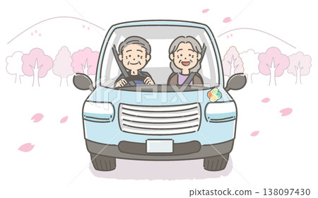 Vector illustration of a smiling elderly couple enjoying a drive under cherry blossoms. Vector illustration of a smiling elderly couple enjoying a drive under cherry blossoms. 138097430