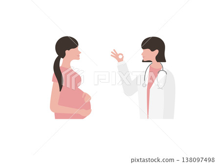 向量圖:一位女醫生向一位孕婦(面向左)比出「OK」手勢 向量圖:一位女醫生向一位孕婦(面向左)比出「OK」手勢 138097498