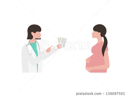 向量圖：一位女醫生正在向一位孕婦（面向右側）講解藥物。 138097501
