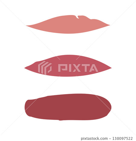 Three distinct lipstick swatches are neatly displayed on a bright white background. A trio of cosmetic colors, ranging from light pink to deep red, are presented for beauty product selection. Three distinct lipstick swatches are neatly displayed on a bright white background. A trio of cosmetic colors, ranging from light pink to deep red, are presented for beauty product selection. 138097522