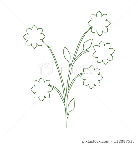 A charming line art drawing presents a flowering plant with a green outline against a white backdrop. A charming line art drawing presents a flowering plant with a green outline against a white backdrop. 138097533