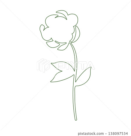 A minimalist green line art illustration of a single flower on a tall stem with two distinct leaves. The drawing is clean and simple, presented against a plain white background. A minimalist green line art illustration of a single flower on a tall stem with two distinct leaves. The drawing is clean and simple, presented against a plain white background. 138097534