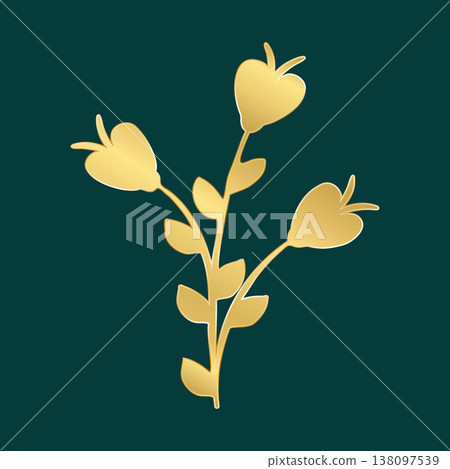 A stylized golden plant with a main stem and three heart-shaped buds appears on a rich dark teal background. Several small golden leaves extend from the main stem. 138097539
