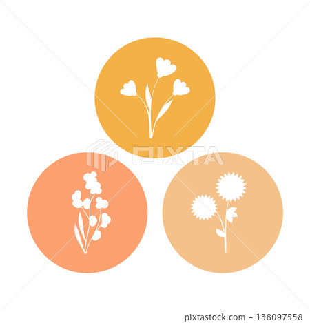 A set of three distinct white floral cutout designs are shown within orange-toned circles. The stylized flowers include bell-shaped, cluster, and spiky varieties, placed on a white surface. A set of three distinct white floral cutout designs are shown within orange-toned circles. The stylized flowers include bell-shaped, cluster, and spiky varieties, placed on a white surface. 138097558