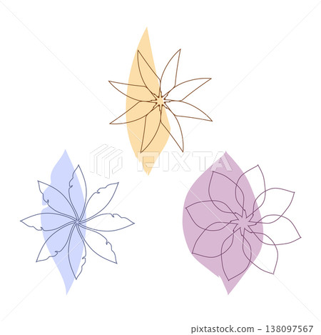 Three abstract floral line drawings with subtle color washes on a white background. Each flower has a unique pastel splash in yellow, blue, or purple behind its outline. Three abstract floral line drawings with subtle color washes on a white background. Each flower has a unique pastel splash in yellow, blue, or purple behind its outline. 138097567