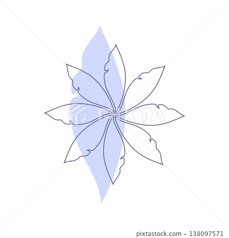 A minimalist abstract floral design presents a single flower with eight delicate blue-outlined petals. A soft periwinkle shape flows behind the central bloom, set against a clean white background. A minimalist abstract floral design presents a single flower with eight delicate blue-outlined petals. A soft periwinkle shape flows behind the central bloom, set against a clean white background. 138097571