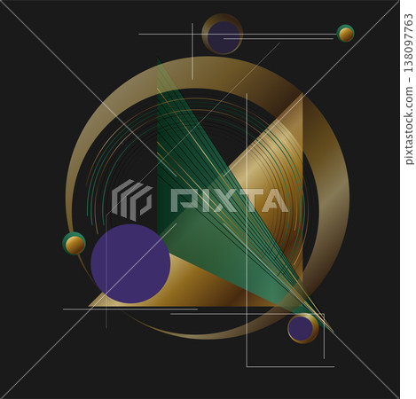 Golden, green and violet geometric elements abstract minimal background 138097763