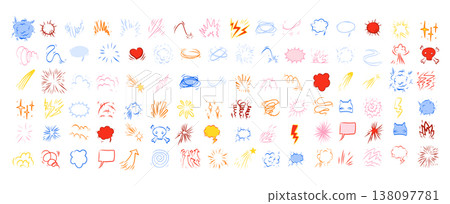 Color comic effect manga elements set on clean white background. Bright pop art explosions, bubbles, lightning Color comic effect manga elements set on clean white background. Bright pop art explosions, bubbles, lightning 138097781
