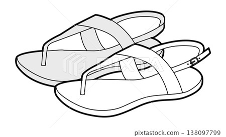 Thong sandal shoe women sketch pair. Ankle strap flip flop sandal for beach summer outfit. Technical  138097799