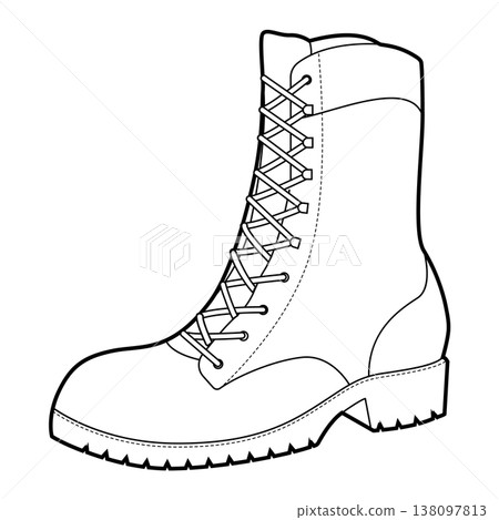 Lace-up lug sole boot women single line pair. Chunky tread with front lacing for expedition, nature walk. Technical Lace-up lug sole boot women single line pair. Chunky tread with front lacing for expedition, nature walk. Technical 138097813