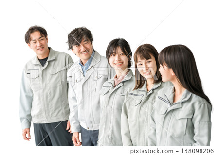 Male and female staff in the manufacturing, building, transportation, and construction industries wearing work clothes. 138098206