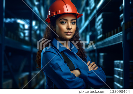 african american woman in orange hard hat posing with her arms crossed in an industrial warehouse, neural network generated photorealistic image 138098464
