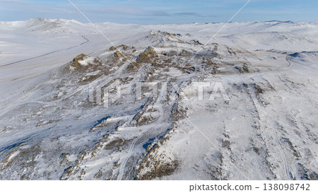 Aerial view of the trident rocks an iconic tourist attraction places on Olkhon island, Siberia, Russia. The good spot for viewing beautiful view of lake Baikal from above. 138098742