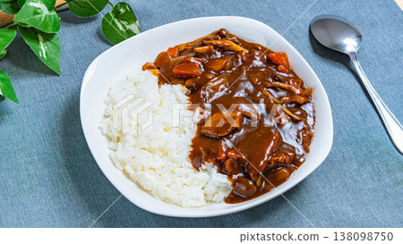 Hayashi rice served over white rice; Western-style dish with mushrooms and beef. 138098750
