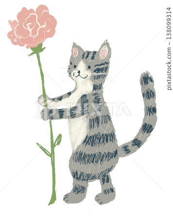 An illustration of a cute cat holding a single carnation. An illustration of a cute cat holding a single carnation. 138099314