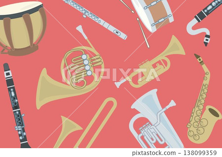 管樂合奏樂器圖案背景（紅色，鮮豔的設計） 138099359