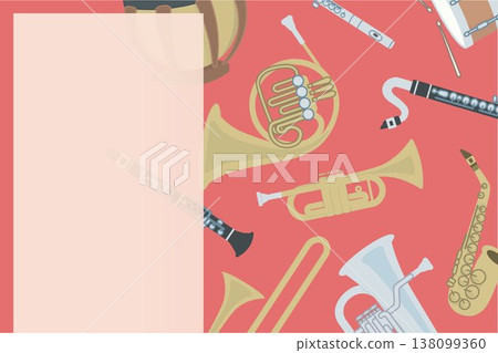 Copy space available. Wind band instrument motif background (red, vibrant design). Copy space available. Wind band instrument motif background (red, vibrant design). 138099360