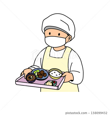 學校午餐工作人員用托盤分發食物的插圖(廚師、餐飲服務、機構餐飲服務) 學校午餐工作人員用托盤分發食物的插圖(廚師、餐飲服務、機構餐飲服務) 138099432