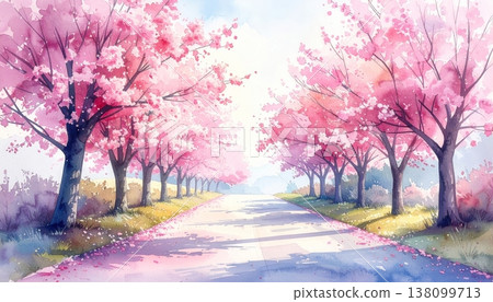 一幅水彩風格的春日景色插圖，道路兩旁櫻花盛開，天空湛藍。 138099713