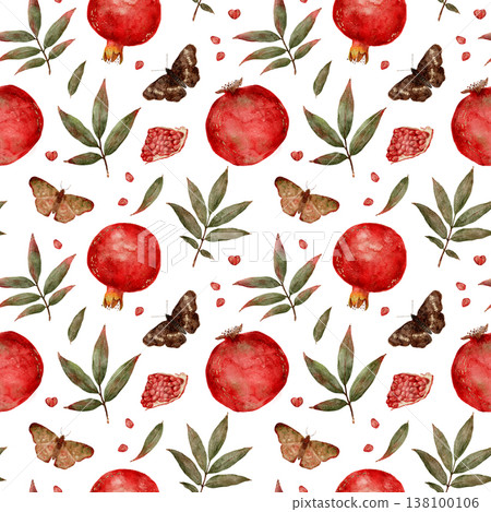 Botanical Watercolor With Insects And Fruit. Vintage Style Watercolor Featuring Pomegranates And Moths 138100106