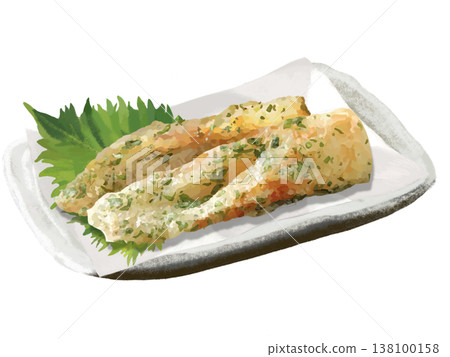 Deep-fried chikuwa (fish cake wrapped in seaweed) (served on a plate) 138100158