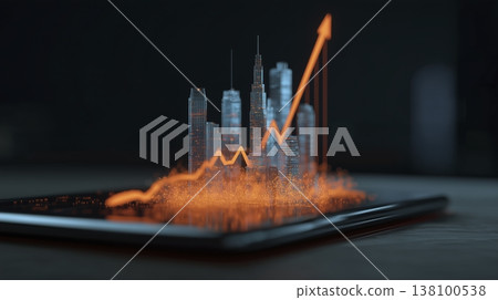 一位商人指著平板電腦上快速上升的圖表。 138100538