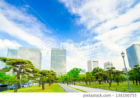 View of the Marunouchi buildings from the outer garden of the Imperial Palace in Tokyo 138100755