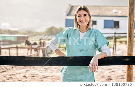 Horse vet, portrait and smile outdoor at farm for health, care or happy with love for animal in nature. Doctor, woman and equestrian healthcare expert in sunshine, countryside or helping for wellness 138100780
