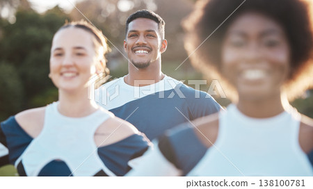 Cheerleader team, happiness and field people ready for sports competition support, dance or outdoor routine. Cheerleading, group smile and dancer performance, teamwork practice or fitness contest 138100781
