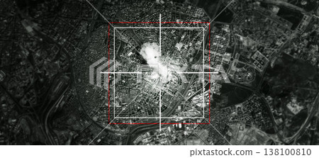 Satellite, launch and target of missile in city for war, international conflict and military. Army, warzone and bullseye of atomic, nuclear bomb and rocket in country for warfare, explosion or strike Satellite, launch and target of missile in city for war, international conflict and military. Army, warzone and bullseye of atomic, nuclear bomb and rocket in country for warfare, explosion or strike 138100810