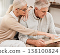 Old couple, Bible study and Christian faith with worship and reading book, wellness and spiritual together in retirement. Bonding over religion, people at home with gospel and scripture, God and pray 138100824