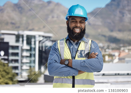 Man, architecture portrait and arms crossed for city construction, project management or outdoor building design. Happy face of african worker in engineering, urban development or property leadership 138100903