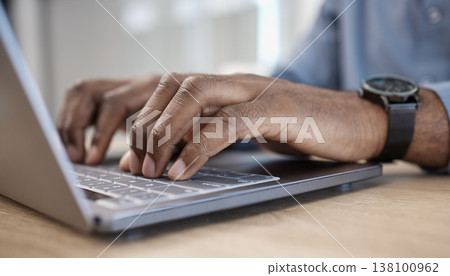 Office, hands typing on laptop and person at desk at law firm writing email or message on legal advice. Tech, communication and networking, lawyer at computer keyboard for research on website 138100962