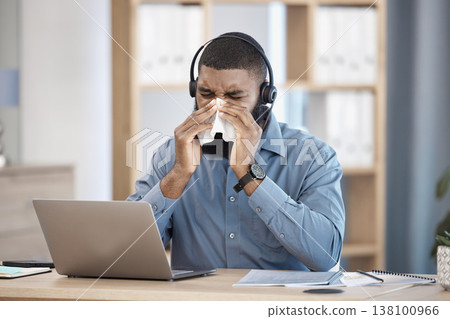 Laptop, sneeze and black man with telemarketing, call center and sick with allergy, professional and customer service. African person, employee and consultant with a tissue, customer service and sick 138100966