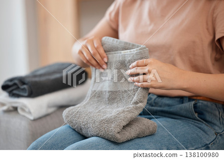 Hands, laundry and towel for woman, home or spring cleaning on living room sofa for hygiene. Cleaner, maid and cotton fabric for hospitality, linen and housekeeping service on lounge couch for chores Hands, laundry and towel for woman, home or spring cleaning on living room sofa for hygiene. Cleaner, maid and cotton fabric for hospitality, linen and housekeeping service on lounge couch for chores 138100980
